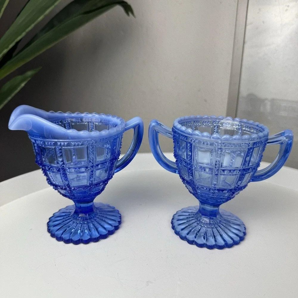 Vintage Deco Imperial Glass Beaded Block Blue Opalescent Cream & Sugar Set c1930